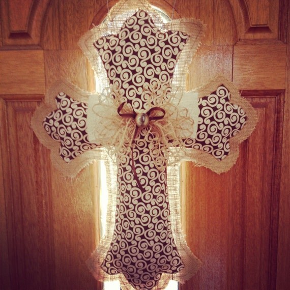Burlap and fabric cross door hanger by TennesseeSweetTea on Etsy