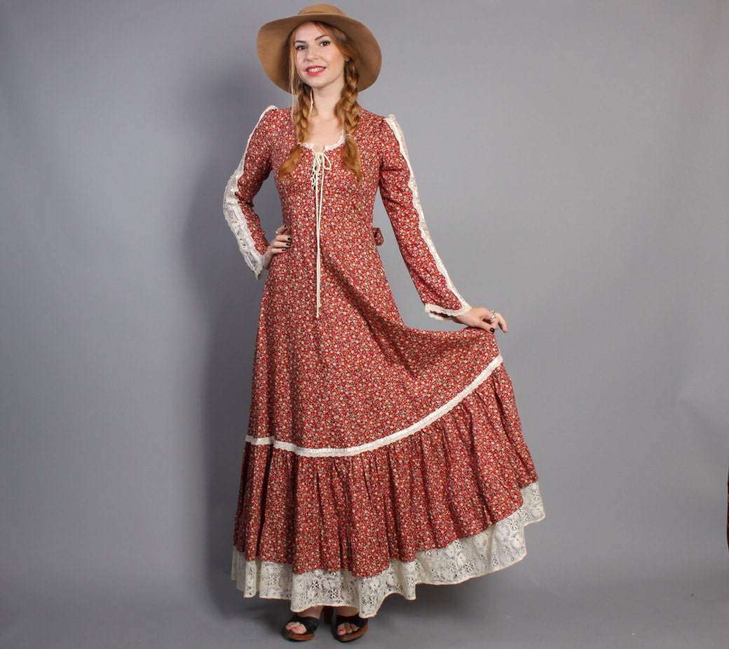 70s GUNNE SAX DRESS / Burgundy & Green Floral Lace Sleeve Corset Maxi, xs-m