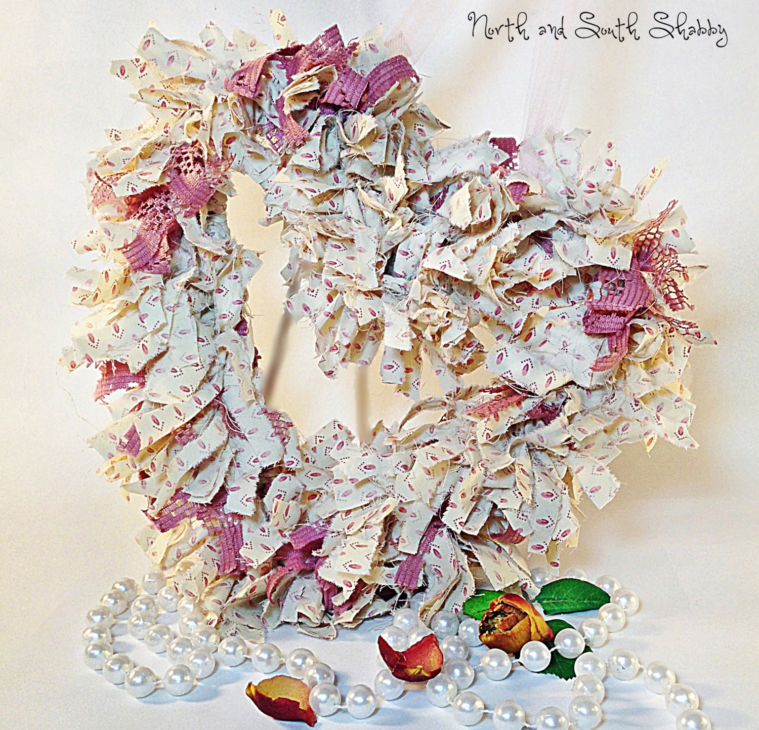 Heart Rag Wreath White with Pink Shabby Home Decor - northandsouthshabby