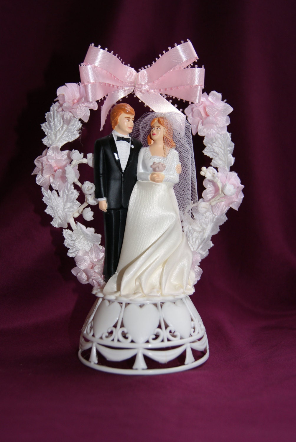 Vintage Kitsch 1970s Wedding Cake Topper Red Head Bride and Groom