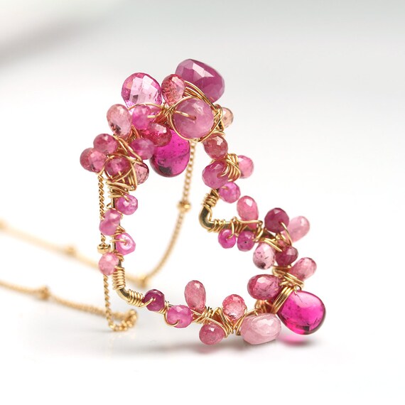 Pink Gemstone Valentine Heart Necklace Pink by fussjewelry on Etsy