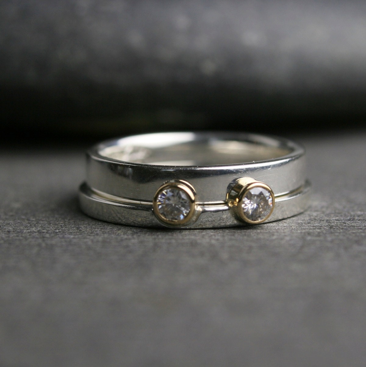 Modern bezel set moissanite sterling silver and 18k yellow gold wedding set engagement ring - hartleystudio