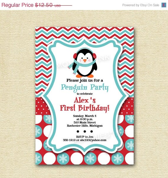 HOLIDAY SALE 10% off Penguin Chevron and Polka Dots Birthday Invite - Teal and Red - PRINTABLE Invitation Design Il_570xn