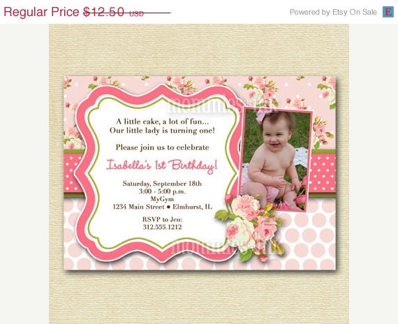 10% Off Holiday Sale Shabby Chic Pink Roses with Pink Polka Dots Photo Birthday Party Invitation Invite - PRINTABLE INVITATION DESIGN Il_570xn