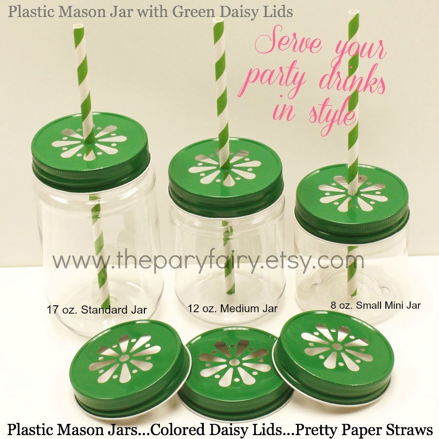 PLASTIC Mason Jars 25 Mason Jars & 25 Daisy Cut by ThePartyFairy