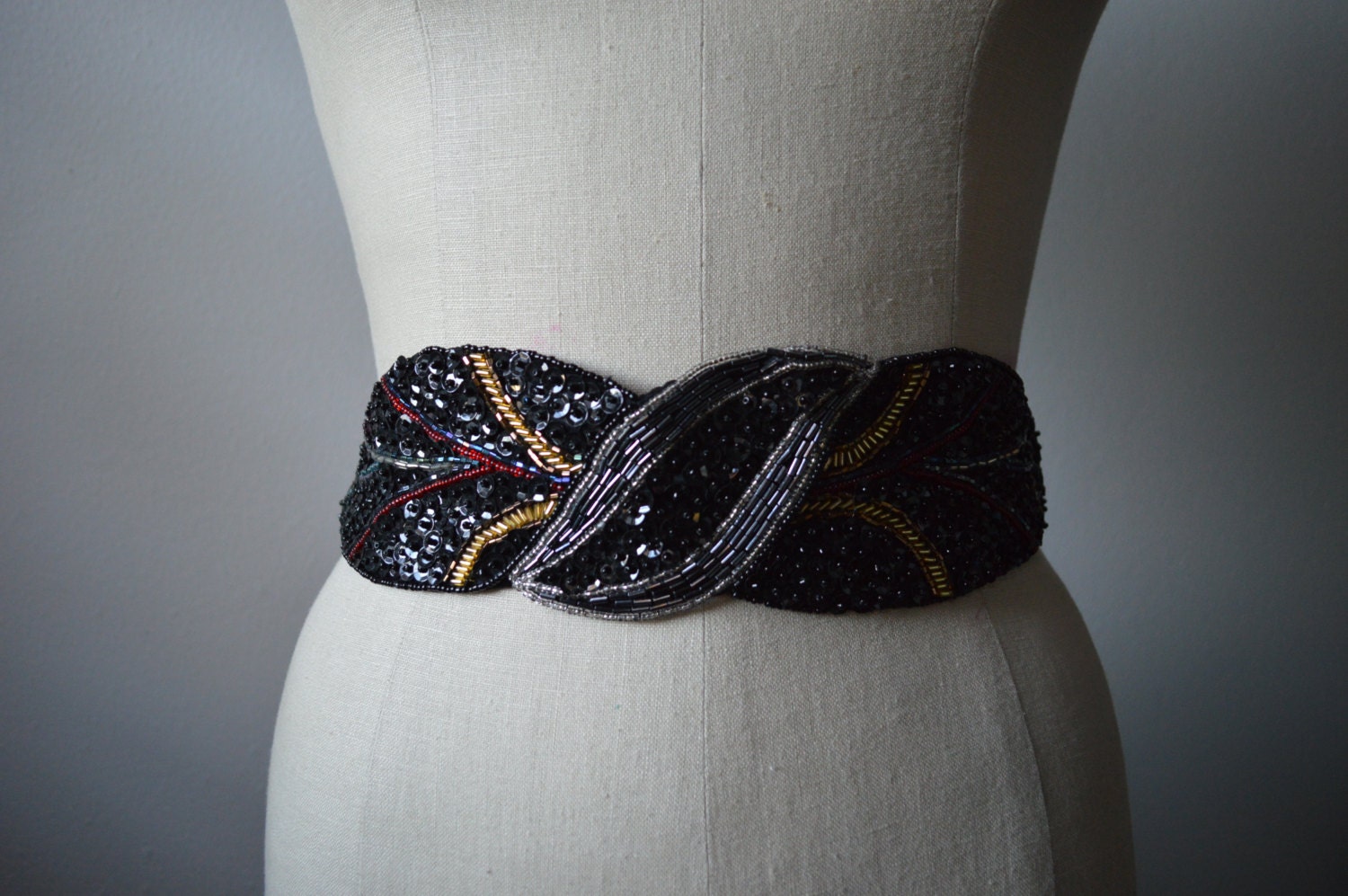 Beaded Belt 1980's Wide Beaded and Sequinned Belt with Adjustable Elastic Band and Hook