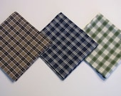 Mens Handkerchief set, Variety set of 3,  1 each:  blue, brown, and green plaid, soft  cotton fabric, pocket squares,  Handmade - FabricCreationsFran