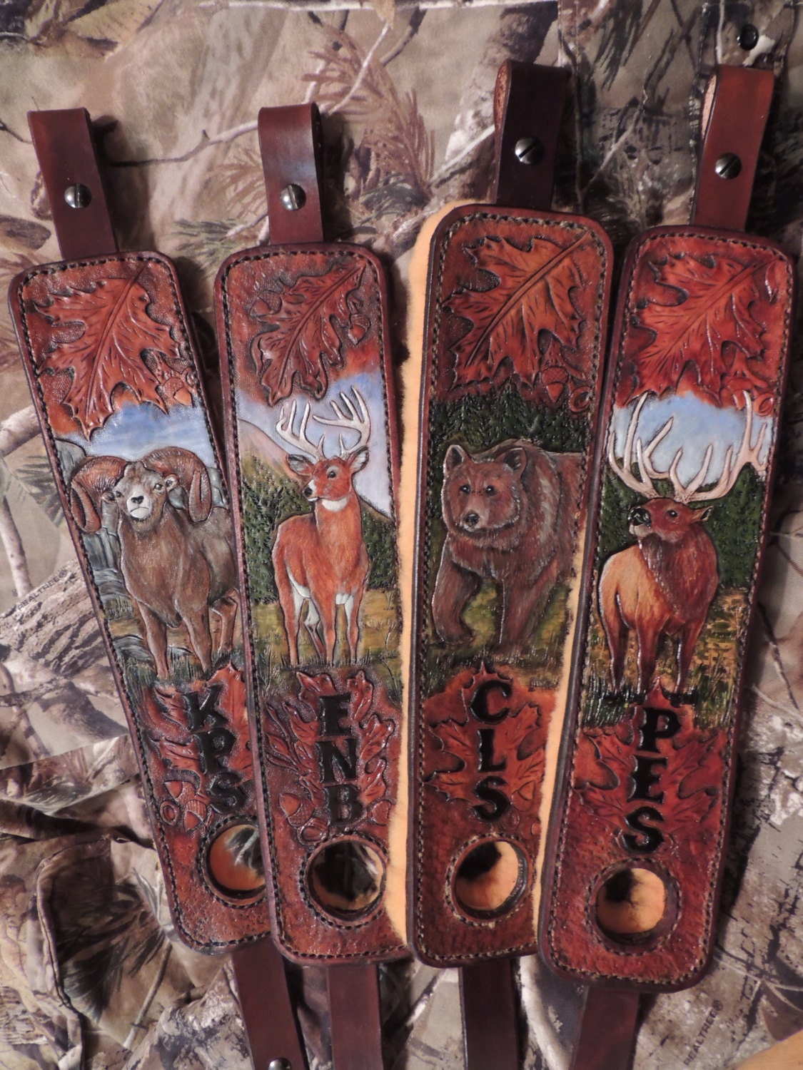 Items similar to Handcarved Rifle sling with whitetail deer, Bighorn sheep, Brown bear, or Elk