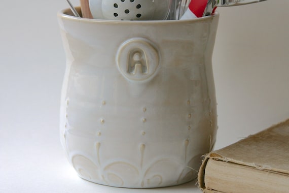 Monogram Utensil Holder Creamy White French by BackBayPottery