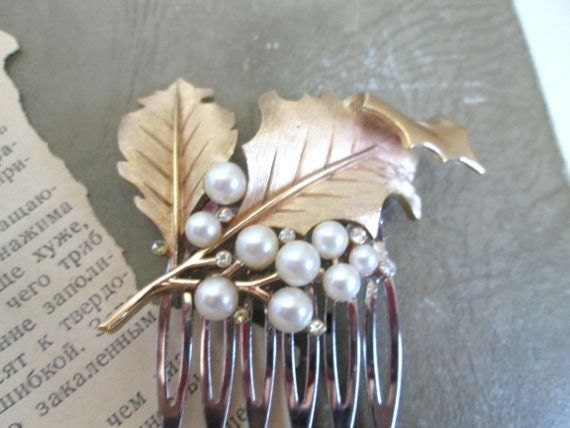 New Years Eve Jewelry Fashion Hair Comb Gold Leaves Wedding Hairpiece Bridal Hairpin Vintage Trifari Brooch - ElmPlace