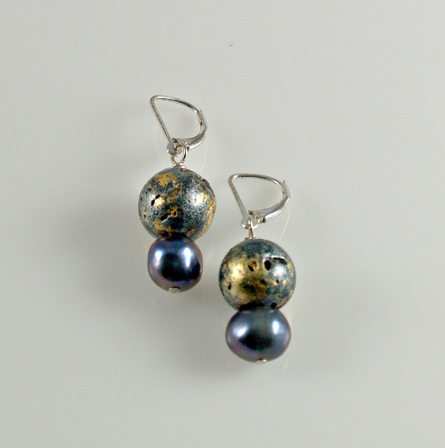 Earrings in Freshwater Blue Grey Purple Pearls, Gold, and Sterling Silver, 23-Karat Gold Leaf on Stone Bead, 1.5" Dangle Lever Backs - JanMaitlandGallery