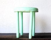 Rustic Painted Wood Stool Table, Shabby Mint Green Farmhouse Industrial Decor Display - vintageeclecticity