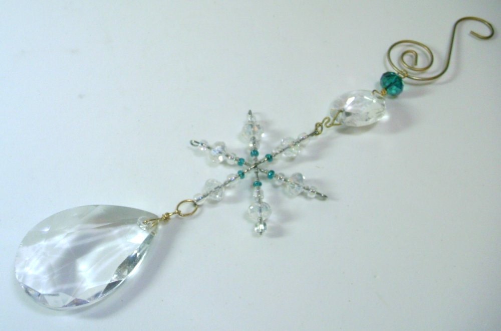 Hand Crafted Heirloom  Ornament with  Lamp Crystal Teardrop and Crystal Bead Snowflake - OOAK - Grannycatz