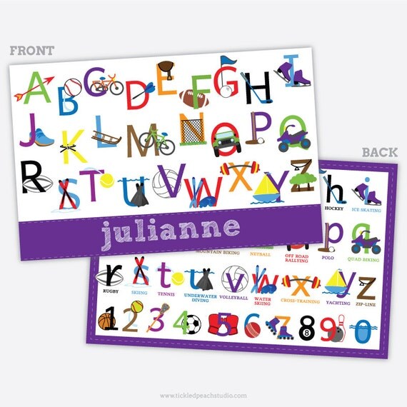 Personalized Childrens Placemat - Sports Alphabet Girl - laminated, double-sided Il_570xn