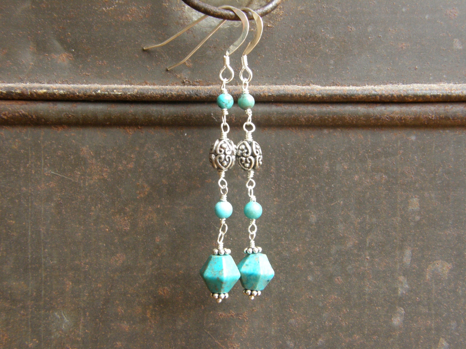 Turquoise And Bali Silver Dangle Earrings, OOAK - VonCliecXclusives