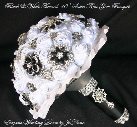 Black and White Wedding Bouquet, Satin Rose Brooch Bouquet, Gem Bouquet, Black & White Bouquet