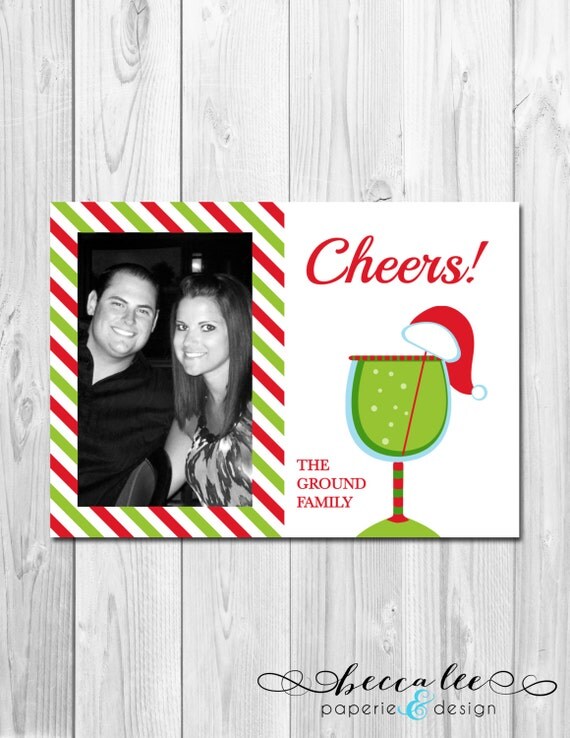 Printable Photo Holiday Card - Santa Hat Cocktail - Red and Green - Cheers - Customizable Il_570xn