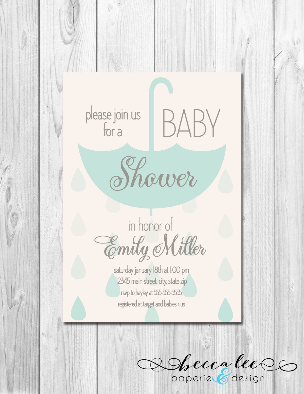 Hanging Umbrella Baby Shower Invitation - Faded Raindrops - Blue and Grey - DIY - Printable Il_570xn
