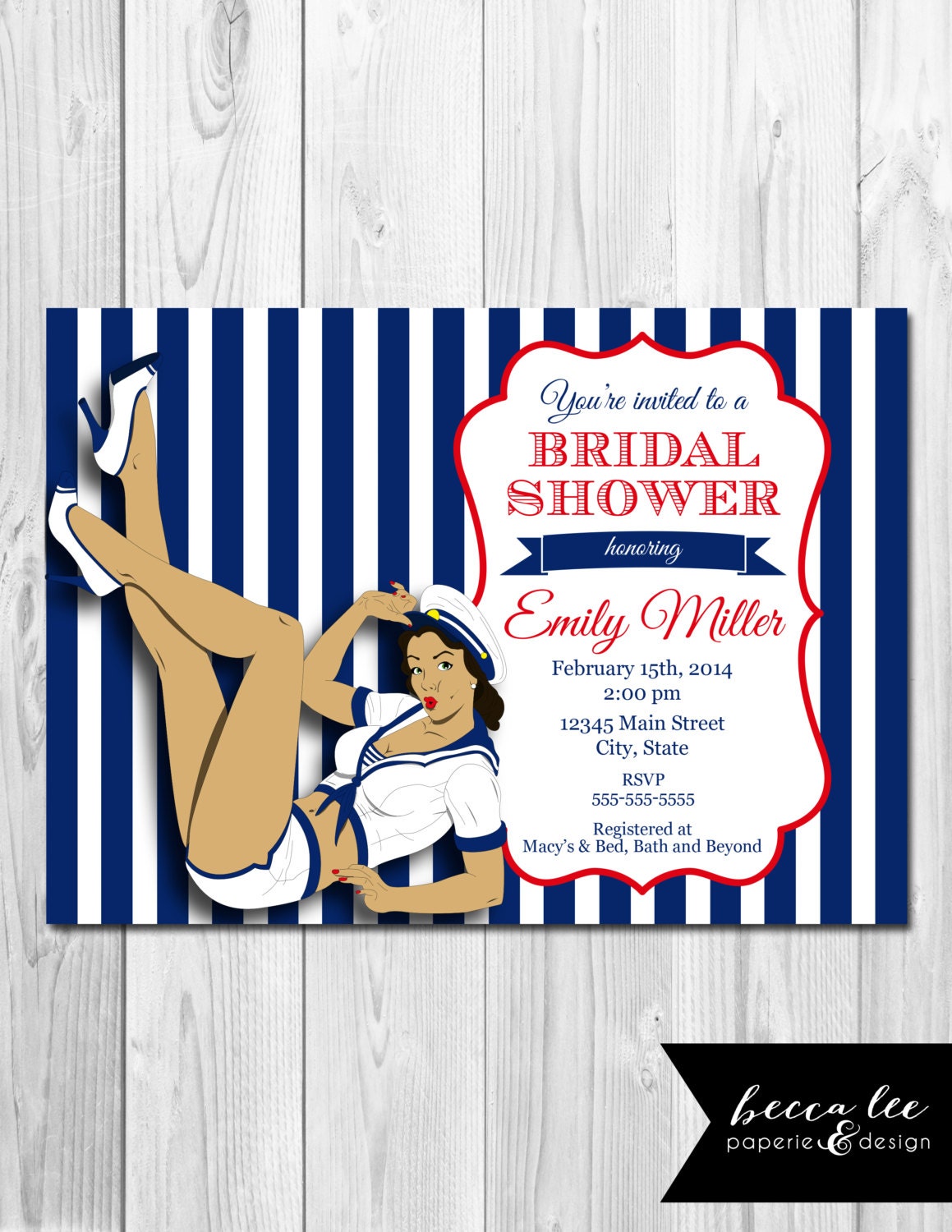 Pin Up Girl Nautical Theme Bridal Shower Invitation - DIY - Printable Il_570xn
