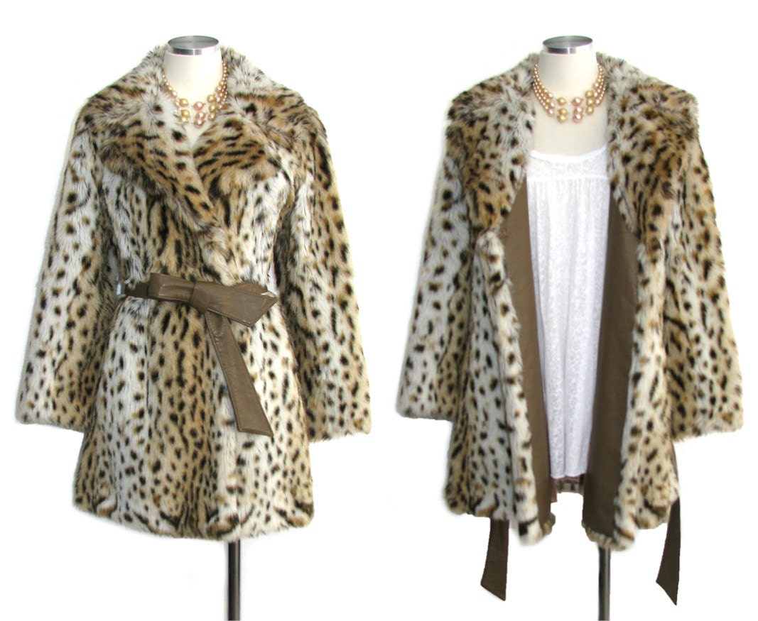 anni 70 cappotto di pelliccia di leopardo / Vintage anni ' 70 cappotto / giacca di pelliccia / cinghia di cuoio e Trim / Hollywood Hipster / Pinup / VLV / Rockabliiy / taglia S