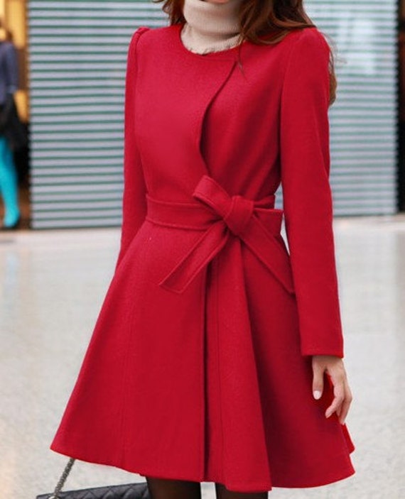 Red Black wool women coat women dress coat with belt Spring Autumn ...