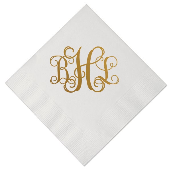 3 Initial Vine Monogram Cocktail Napkins Set of by GraciousBridal