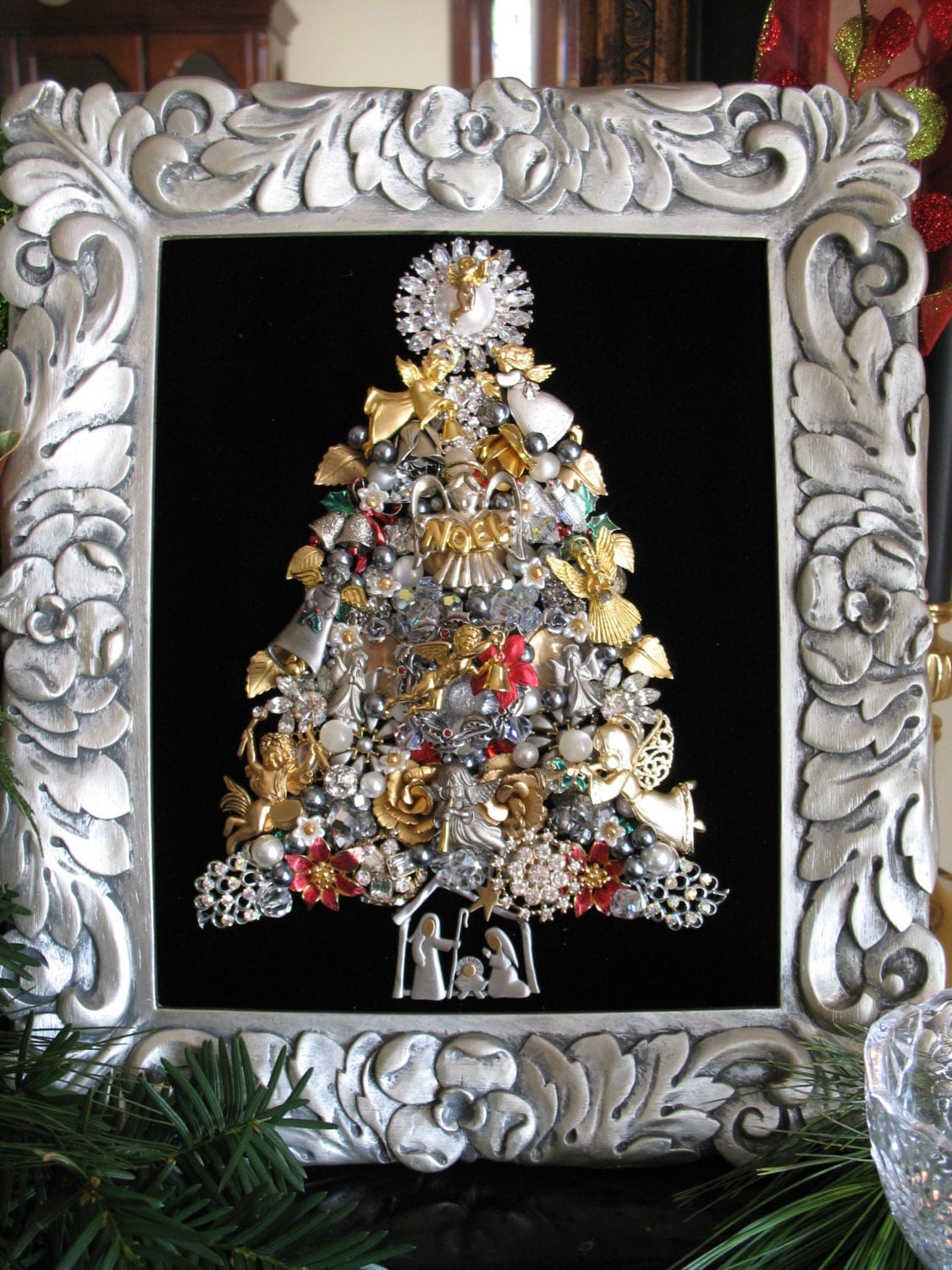 Framed Vintage Jewelry Christmas Tree By Sunnydayvintageannex 