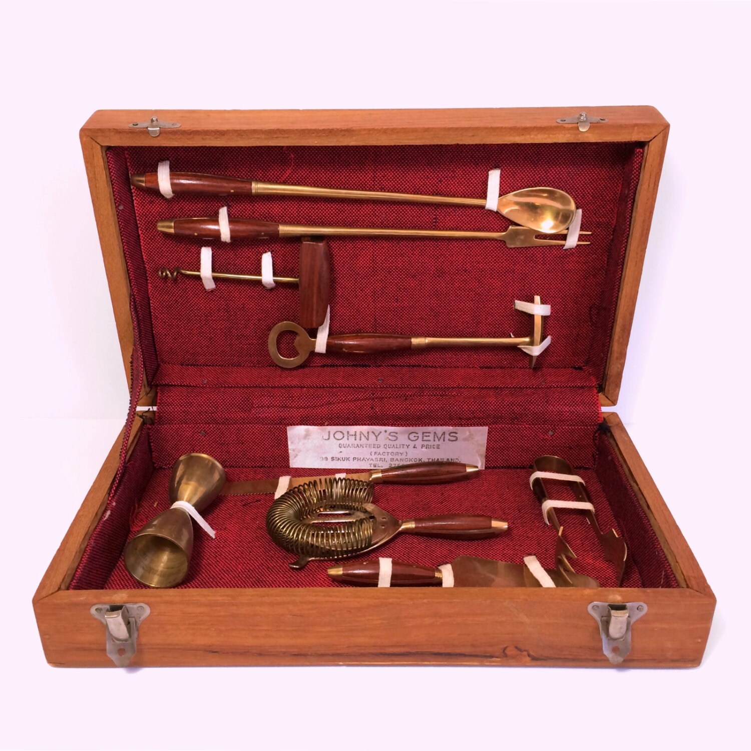 Vintage Brass Bar Tool Kit In Wooden Box 9 Piece Set From