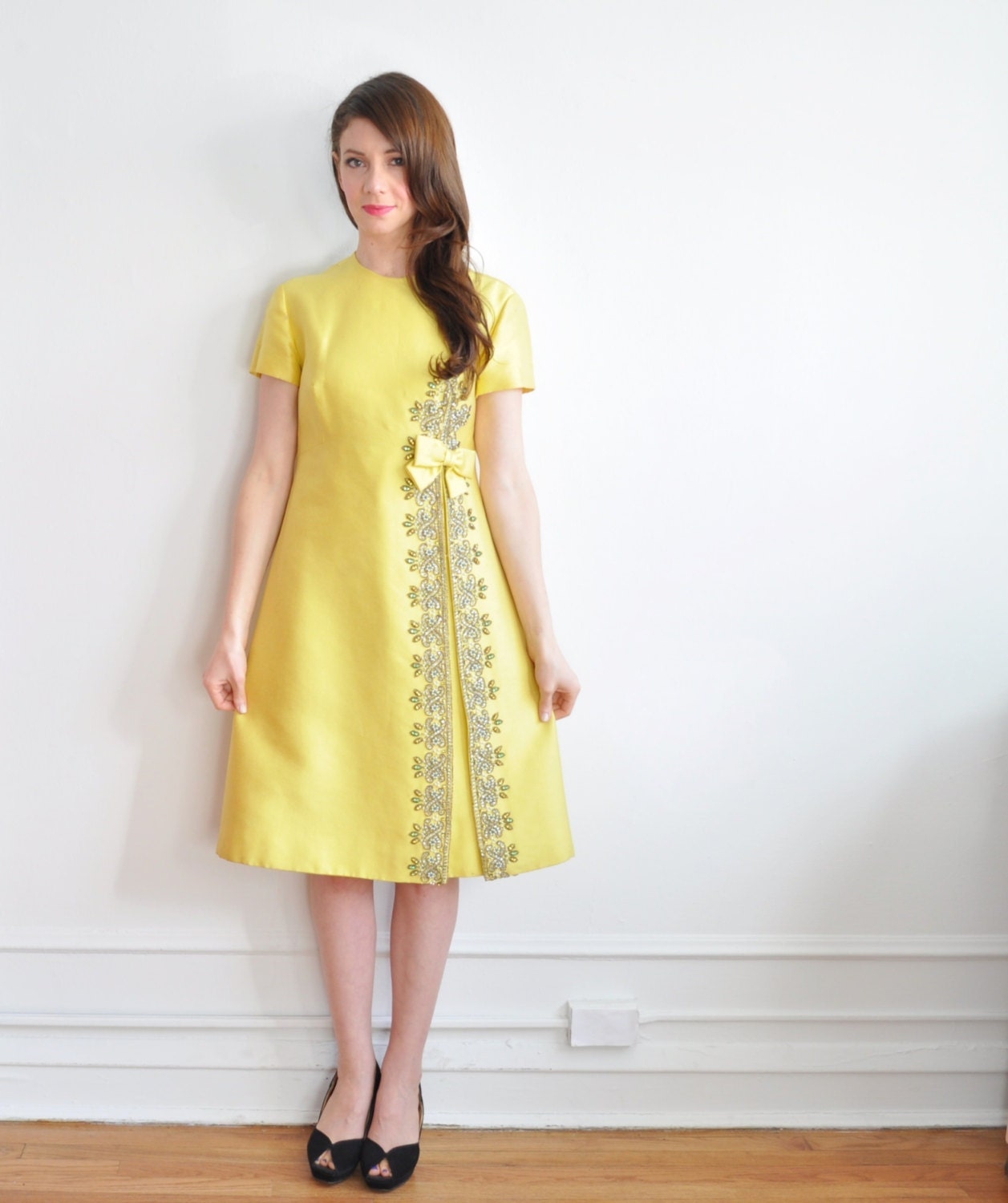 mod yellow evening dress . rhinestone sequin sparkle .medium .sale - DOTTO