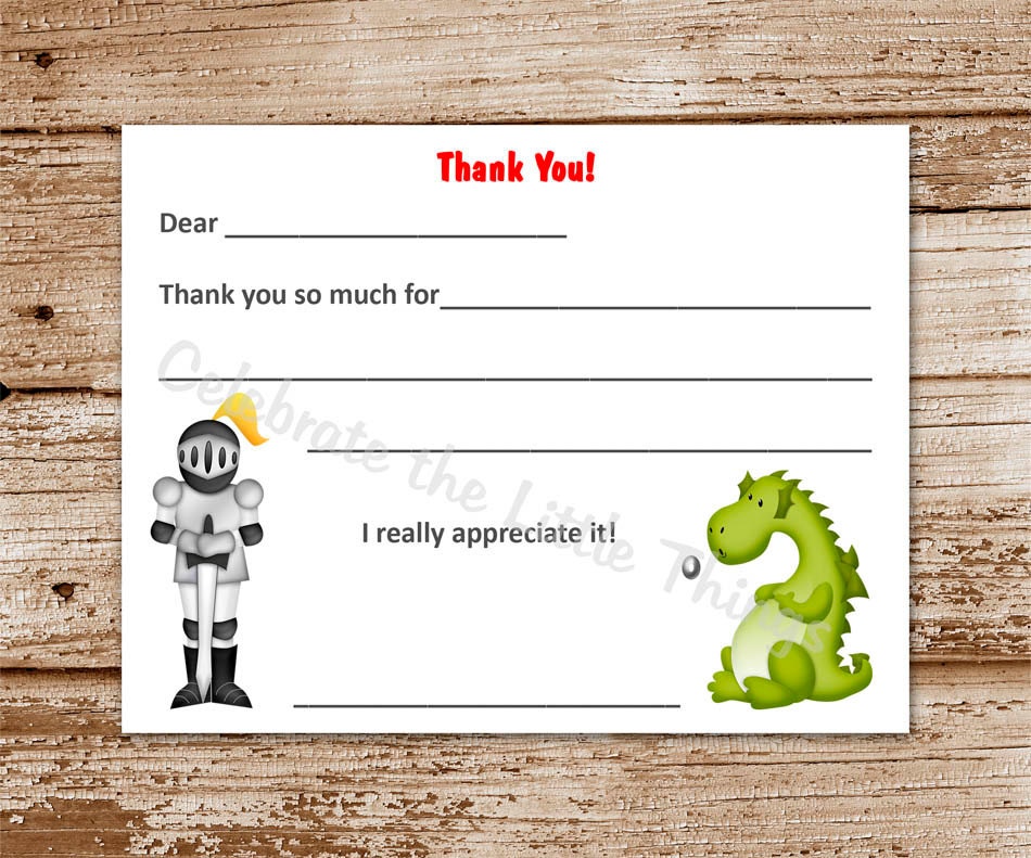 DIY Printable / Knights and Dragons Fill-In Thank You Cards / Kids / Children (Instant Download) Il_570xn