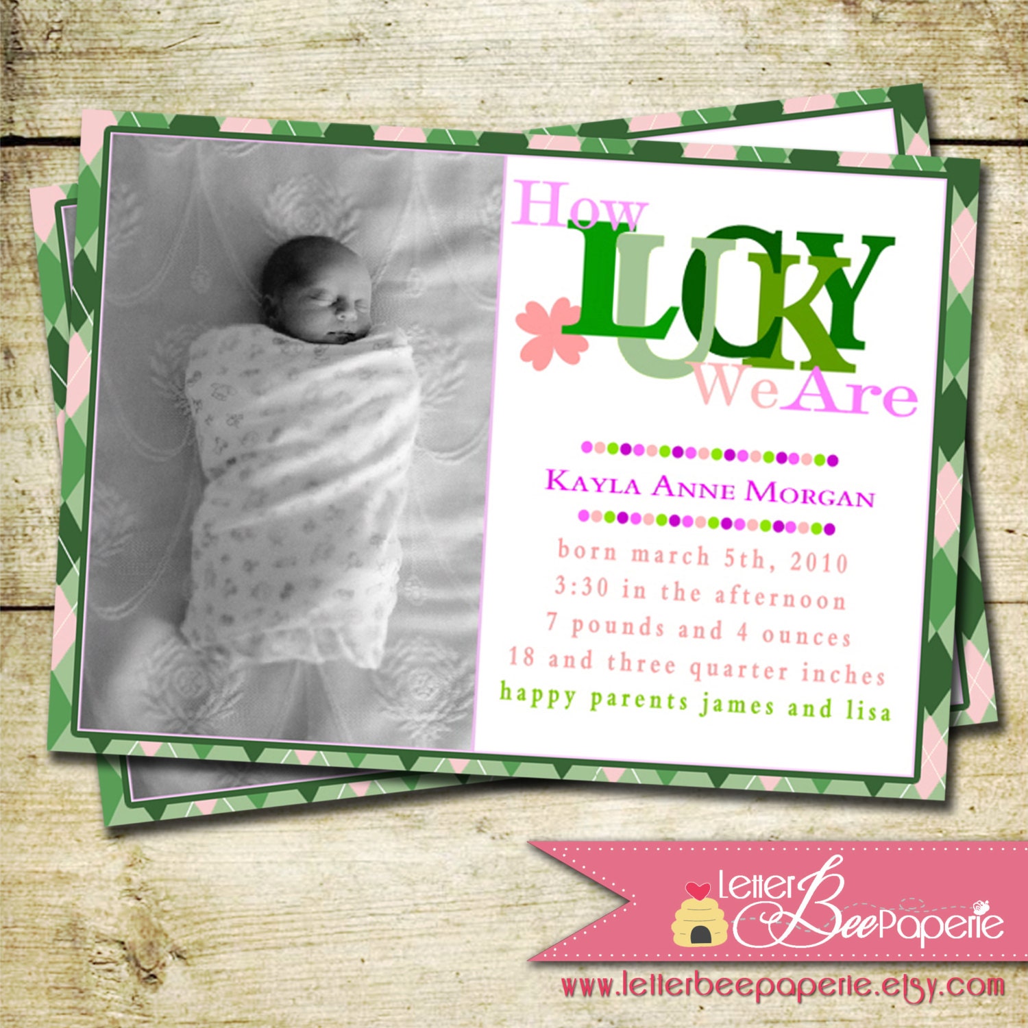 Baby Girl Custom Photo Birth Announcment - DIY Printable Announcements - Lucky in Love - New Baby Girl - Irish - Holiday Cards - Photo Card Il_570xn