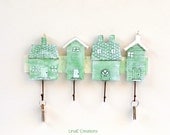 Handpainted mint houses wood rack, key, scarf , hat holder, spring summer home decor - LinaECreations