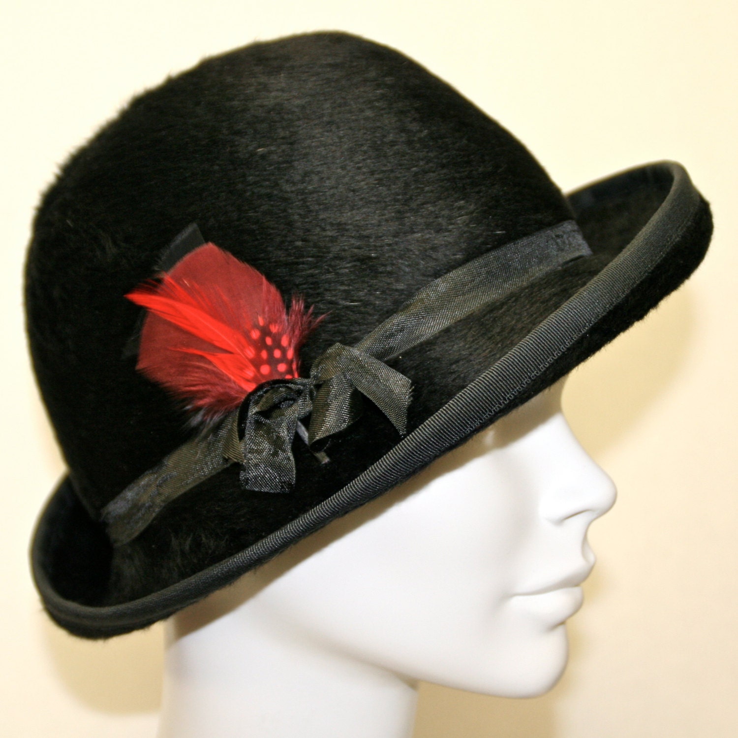 Items similar to Black Fur Felt Womens Fedora Hat, Long Hair Felt, Red Feathers, Casual Hat on Etsy