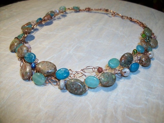 Natural Jasper and Copper Crochet Wire Necklace
