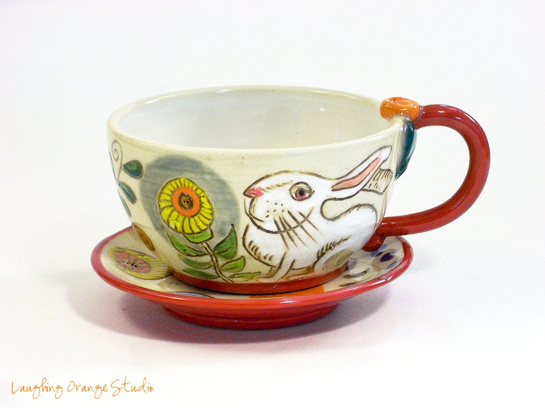Blooms and Bunnies Cappuccino Cup and Saucer - laughingorangestudio