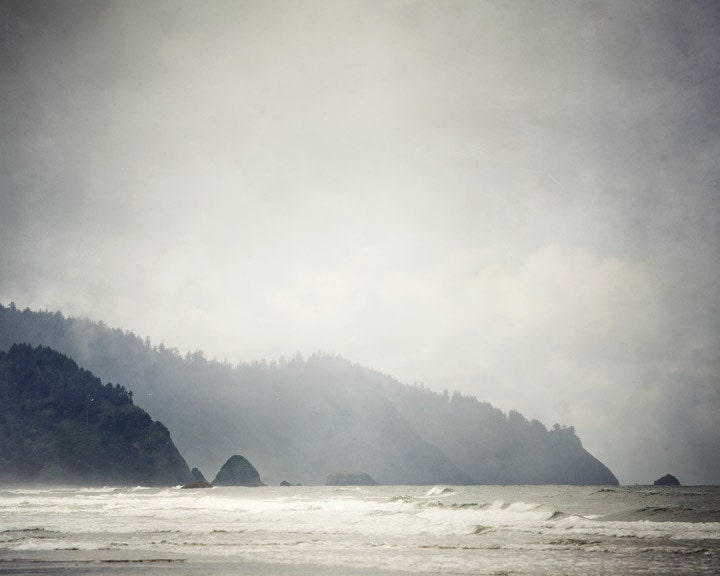 Land's End - Cannon Beach in Fog, Oregon, Landscape Photography,  Winter, Ocean, Mountains, Sea, Silver, Paloma Gray, Charcoal - EyePoetryPhotography