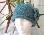 Handspun Diamond Lace Rolled Brim Hat with Crocheted Flower Pin. Handspun Wool Yarn. Heathered Dark Aqua. Greeny-Turquoise. - JoyfulHandKnits
