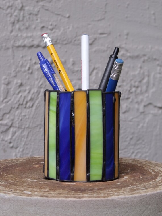 Stained Glass Pencil Holder Round Fiesta by newmoonglass on Etsy
