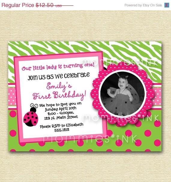 HOLIDAY SALE 10% off Pink Dotty Damask Ladybug - Custom Photo Birthday Invitation - PRINTABLE Invitation Design Il_570xn