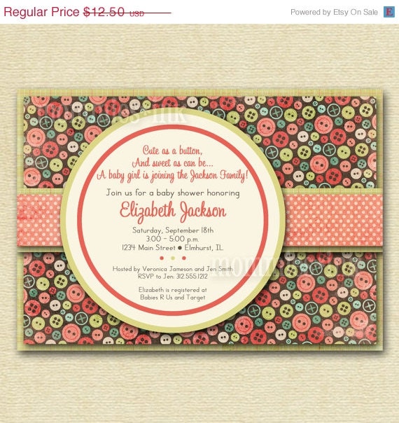 HOLIDAY SALE 10% off Shabby Chic Cute as a Button Baby Shower Invite - Brown and Coral - PRINTABLE Invitation Design Il_570xn