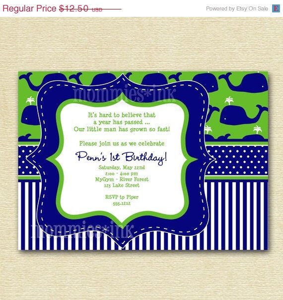 10% Off Holiday Sale Preppy Whale Birthday Party Invitation - PRINTABLE INVITATION DESIGN Il_570xn