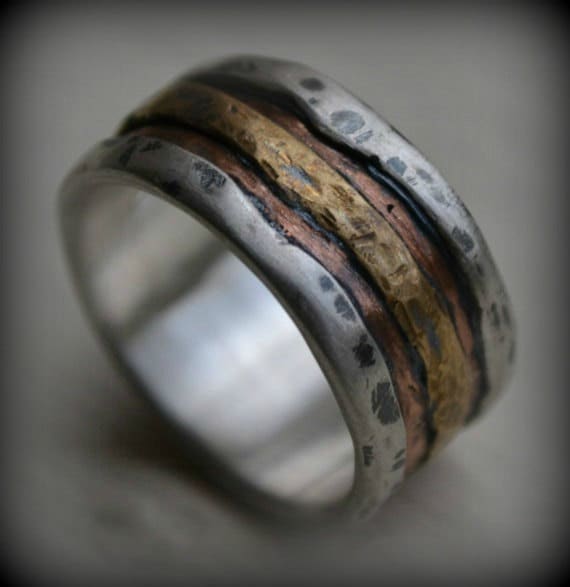 mens wedding band - rustic fine silver copper and brass - handmade ...
