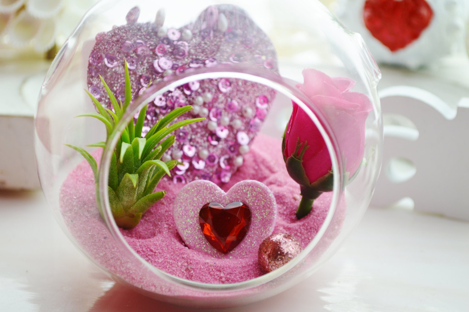 Happy Valentines Day Terrarium ~ Pink Hearts and Rose ~ Glass Hanging Terrarium Kit with Air Plant ~ Gift Idea ~ For Her ~ Valentine Decor - BeachCottageBoutique Happy Valentines Day Terrarium ~ Pink Hearts and Rose ~ Glass Hanging Terrarium Kit with Air Plant ~ Gift Idea ~ For Her ~ Valentine Decor - BeachCottageBoutique