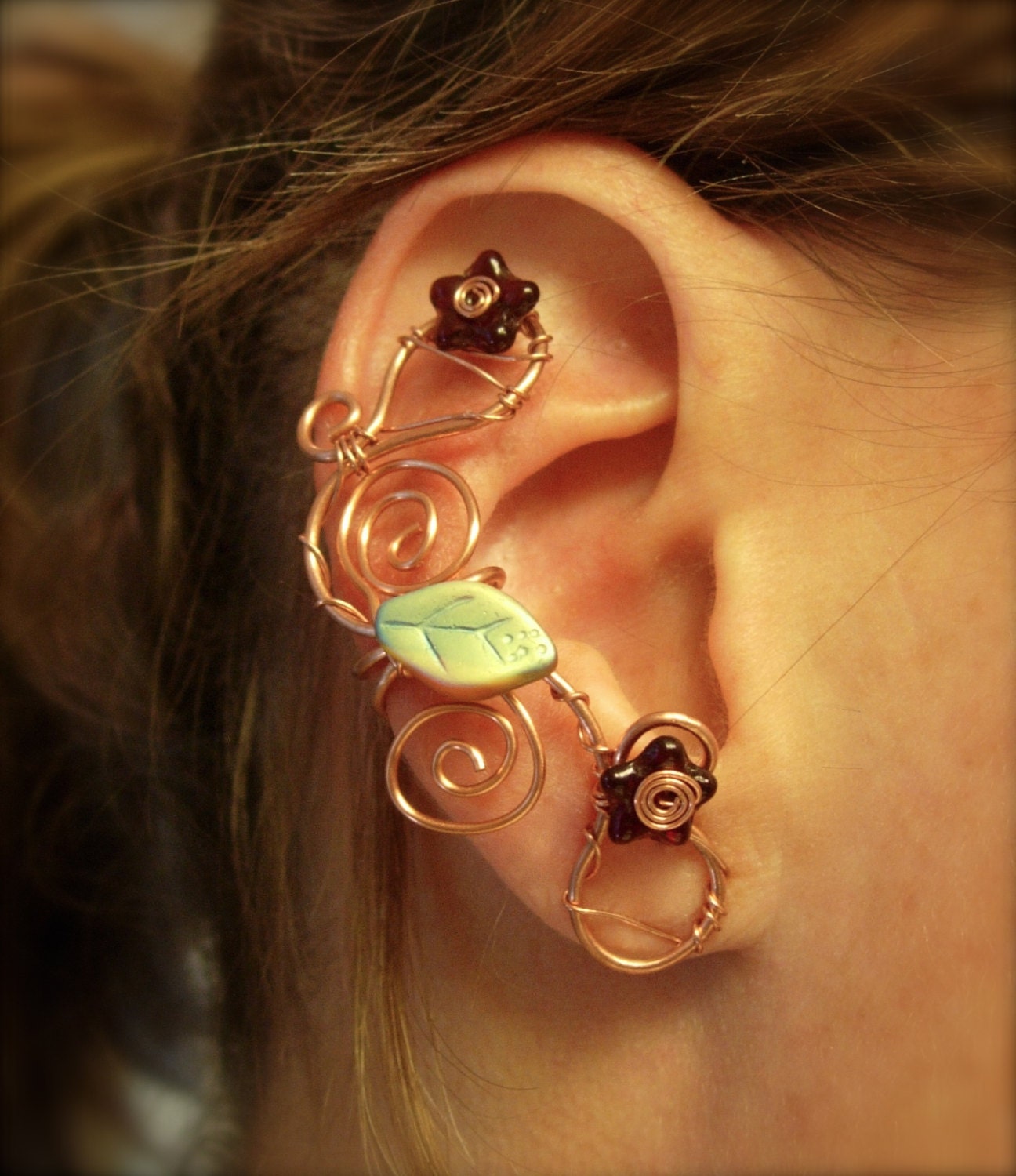 Earcuffs, Ear Cuffs, Ear Wraps, Pair of Copper Flower and Swirl Ear Cuffs, non pierced earring option 2 ear cuffs in this listing