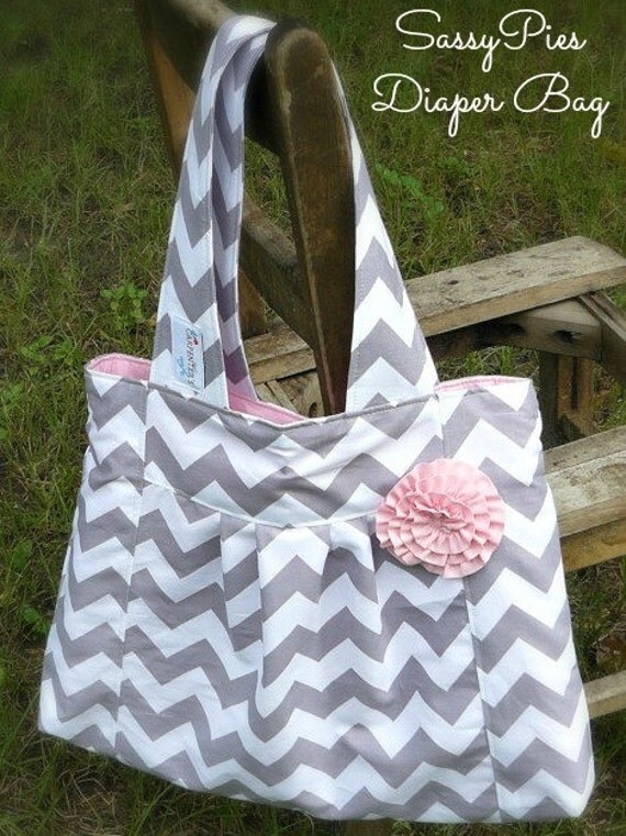 SassyPies.... Gray Chevron Diaper bag with pink lining & rosette
