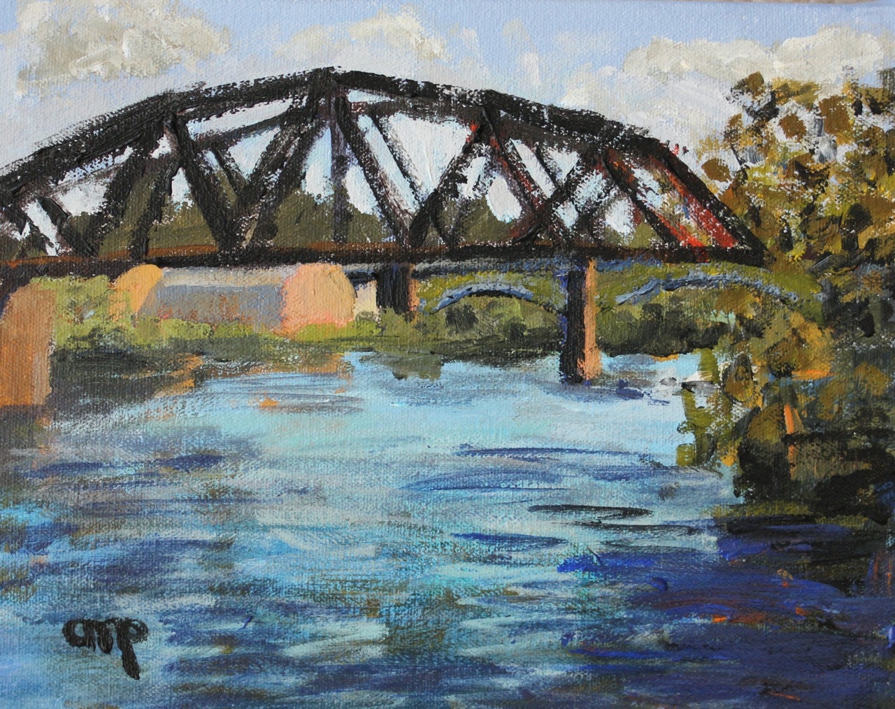 Original Painting Landscape Bridge River By Modernimpressionist