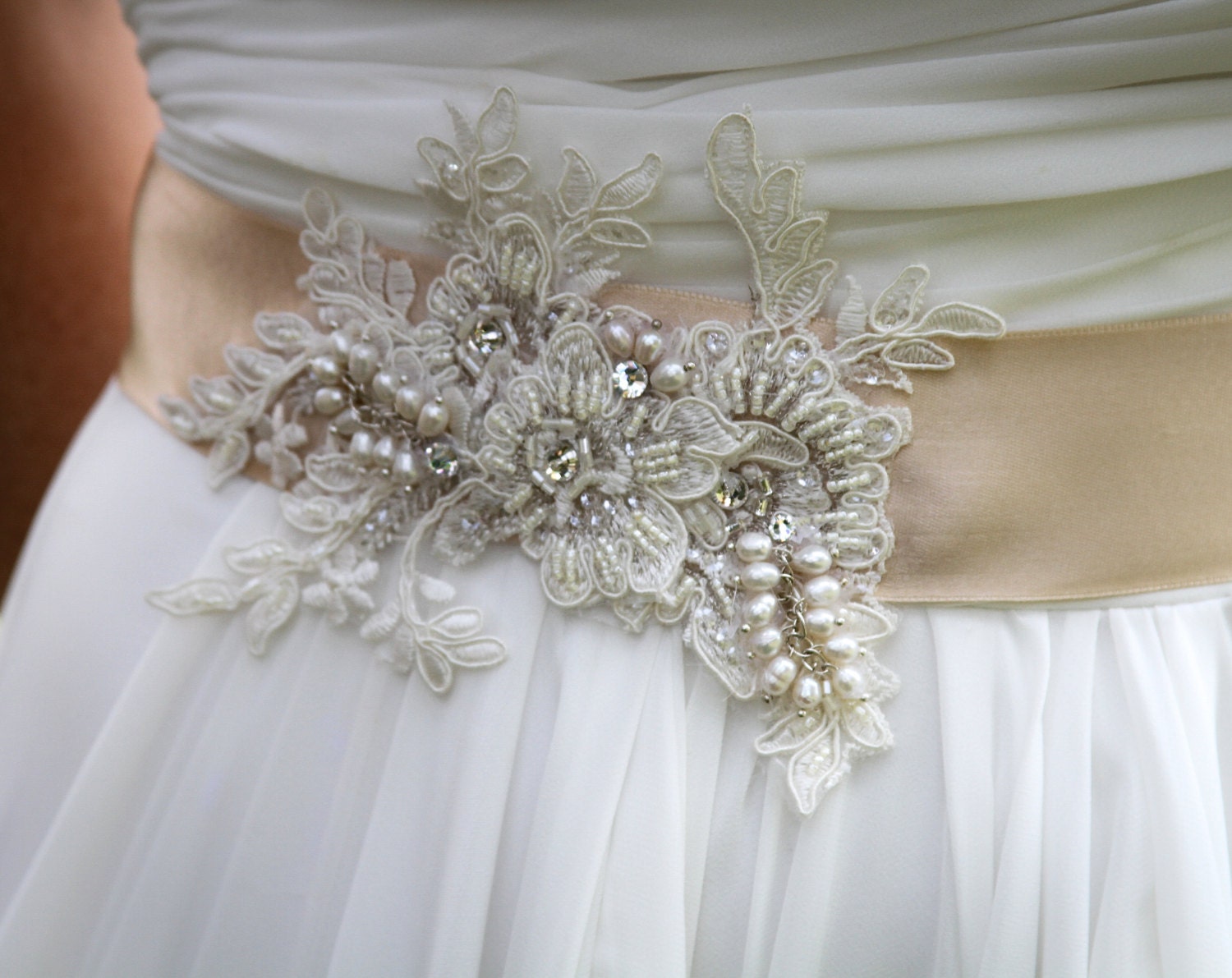 Items Similar To Briann Bridal Sash In Champagne Ivory Creams Nude And Bridal White Rosette