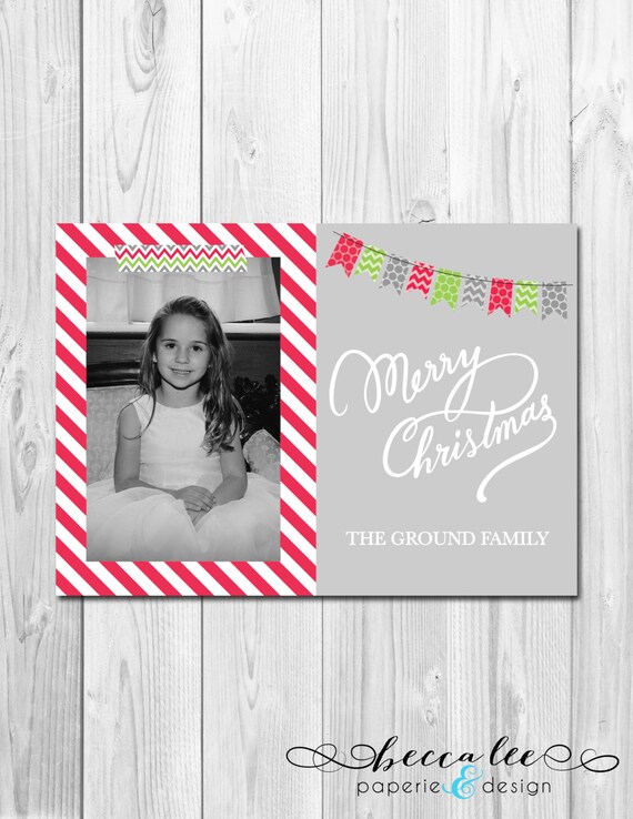 Printable Photo Holiday Card - Chevron Washi Tape Red Stripes Bunting Banner - Merry Christmas - Customizable Il_570xn
