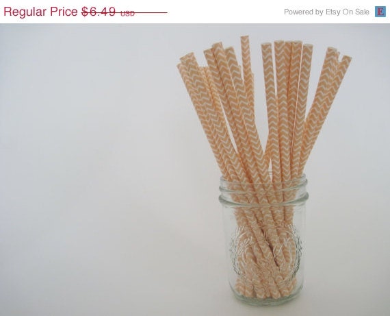 ON SALE 50 Peach Chevron Paper Straws - ships less than 24 hours Il_570xn