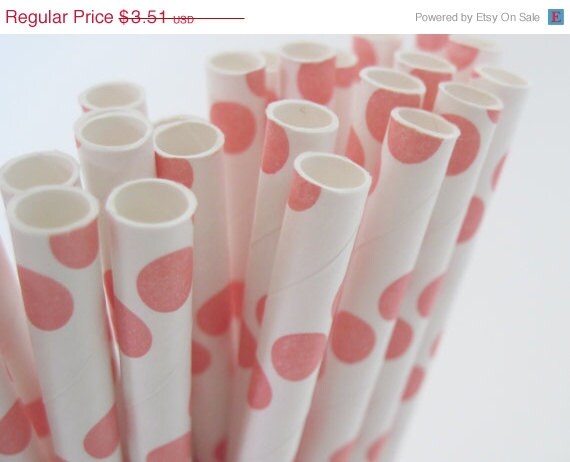 ON SALE 25 Coral Dark Peach Pink Polka Dot Paper Straws - ships less than 24 hours Il_570xn